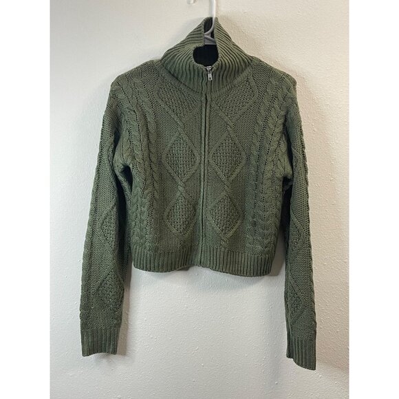 Olive Green Cropped Cable Knit Sweater With Diamond Pattern & Full Zipper - Picture 2 of 10